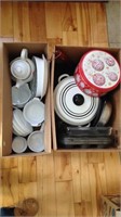 2 boxes for muffin tins, pot with lid, teapot,