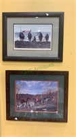2 framed horse prints - one of a fox hunt with the