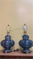 Pair of matched blue glass table lamps with the