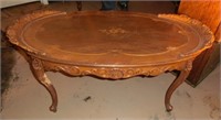 oval carved sofa table w/inlay top