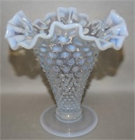 Vtg Fenton Opalescent Hobnail Glass Ruffled Vase