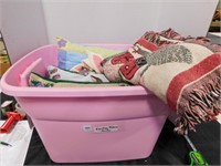 pink tub; Easter pillows & 1 rabbit Afghan