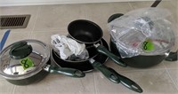 Green T-fal Pots And Pans. Under Plastic Table
