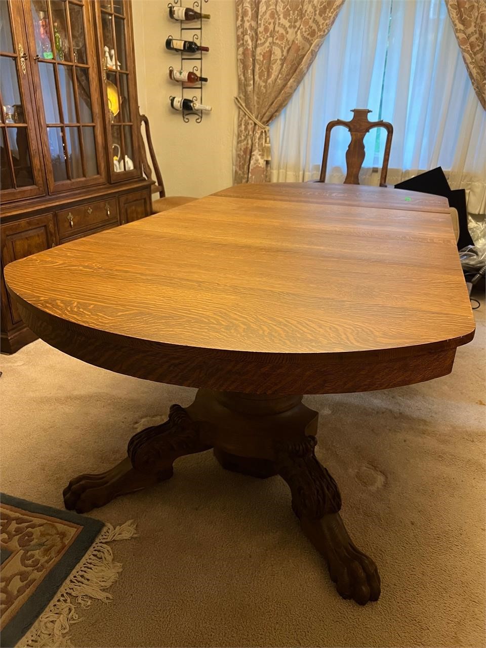 Tiger Oak clawfoot solid table with leafs & cover