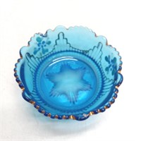 Vintage blue glass hand painted dessert bowl (C)