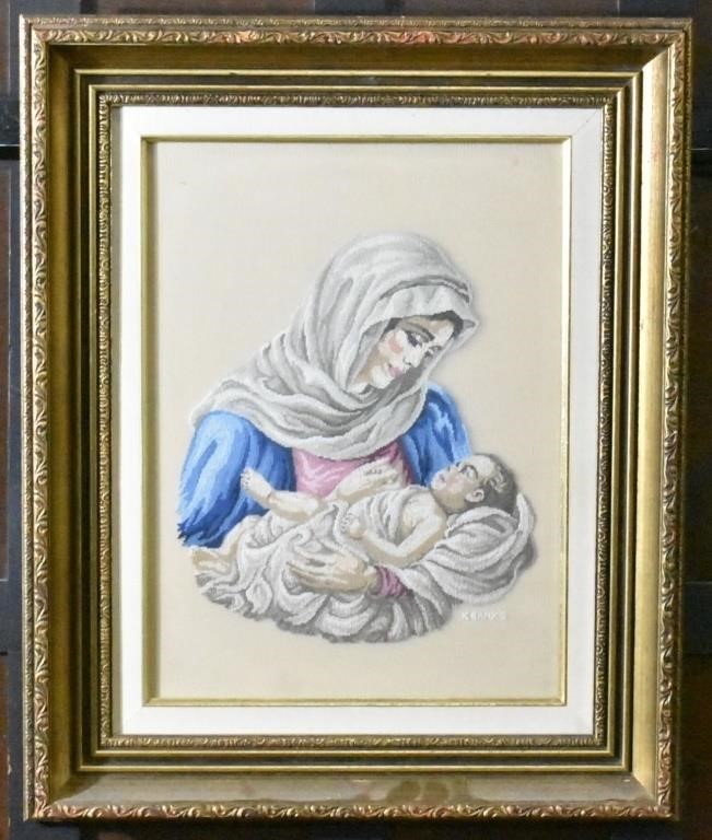 FRAMED NEEDLEPOINT 'MARY & CHILD' SIGNED K. BANKS