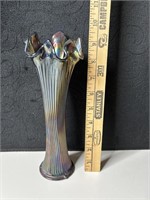 Fenton Blue Carnival Glass Fine Rib Swing Vase 10"