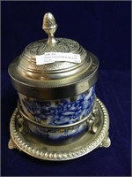 ROYAL DOULTON BLUE AND WHITE COVERED JAR ON STAND