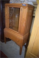 Vtg Oak Cabinet w/ Glass Doors, Bottom Drawer