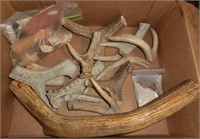 box lot cut horn pieces and chipped stone