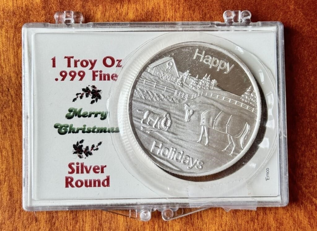 1 Troy Oz .999 Fine Silver Round Happy Holidays