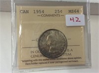 1954 (iccs Ms64) Canadian Silver 25 Cent