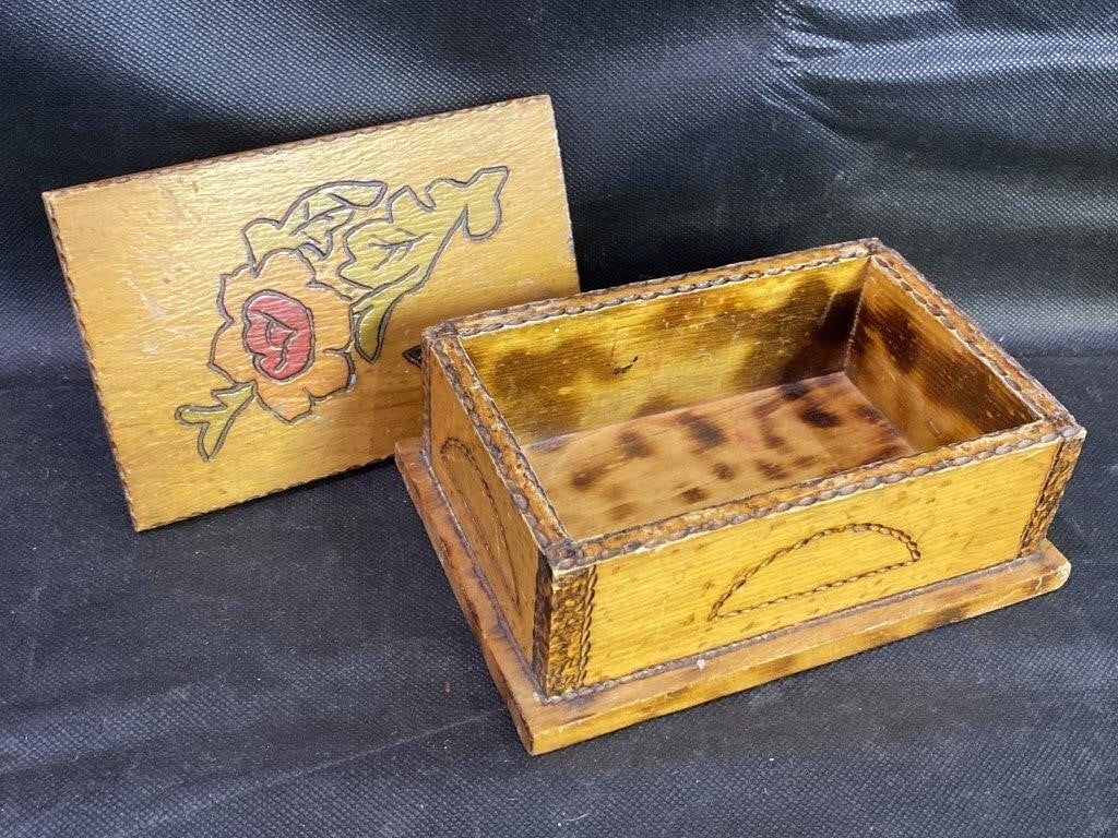 VTG Folk Art Pyrography Wooden Box