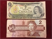 1973 $1 & 1986 $2 Canada Bank Notes