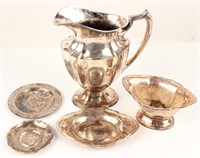 SILVER PLATED PITCHER COMPOTE & TRAYS