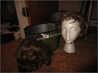 Wig box with Styrofoam head and two wigs