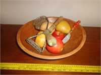 Antique Wood Bowl w/Fruit & Utensils