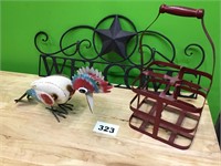 Vintage Metal Sign, Basket, and Woodpecker Decor