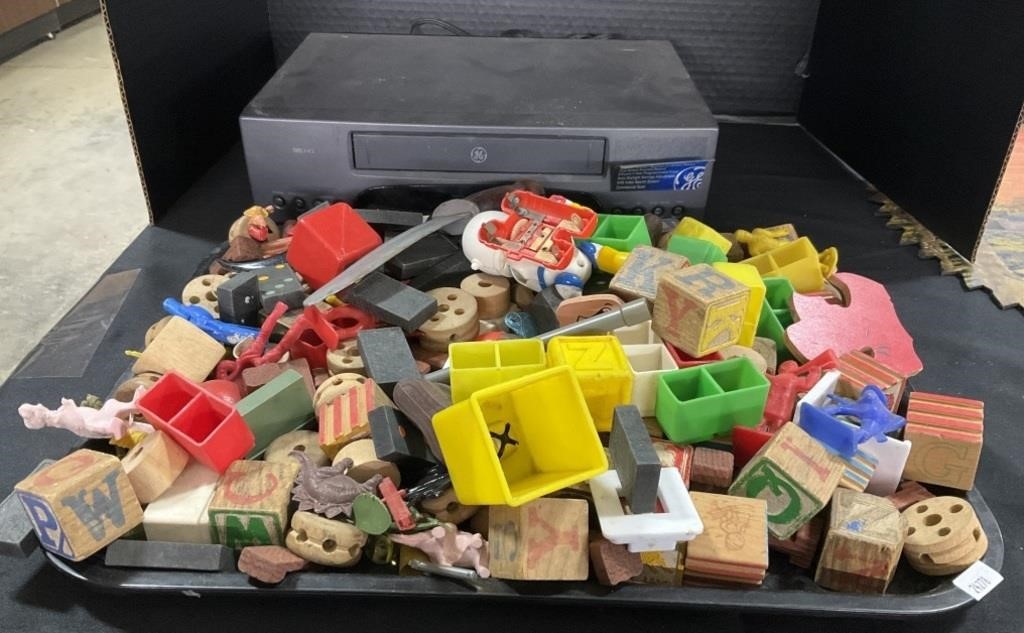 GE VHS Player, Wooden Blocks & Toys.