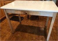 E - VINTAGE WOOD TABLE W/ ENAMELED TOP & DRAWER