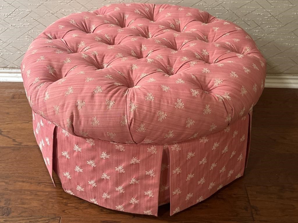 Pink Tufted Round Ottoman on Casters