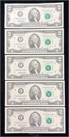 Lot of 5 Consecutive Uncirculated 1995 $2 Notes