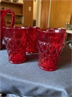 Red Elizabeth water pitcher & 4 tumblers -