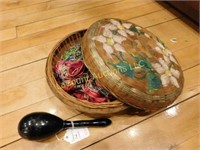 wicker sewing basket, darning ball,