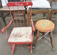 Red child's rocker & piano stool