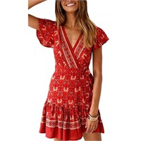 P121  SHIBEVER Casual Wrap Dress, REDWINE XL