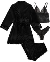 P266  AMITOFO Silk Pajama Set, Lace Trim, 4pcs.