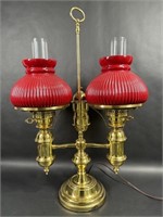 Double Student Brass Lamp Red Glass Ribbed Shade