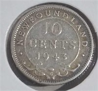1943 NFLD Sterling 10 Cents AU50 Nice Toning