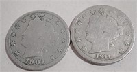 Two Old US Nickels 1901 & 1911