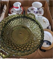 GREEN GLASS CANDLE DISH, CUPS AND SAUCERS