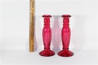 Red glass candlestick holders