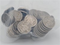 Approximately 100 Buffalo Nickels with dates.