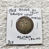 Low Mintage Silver 20 Cent Danish West Indies 1905