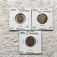 3 Silver Coins From Mexico 1892 10 Centavos,1928