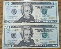 $40 Consecutive serial number uncirculated $20