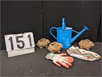 Watering Can, 3 Stone Rabbits, Gloves & Bag