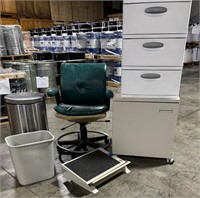 Two cabinets, office chair, and trash cans