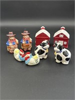 Barn, Cow, chickens, Farmer Collectible Salt and