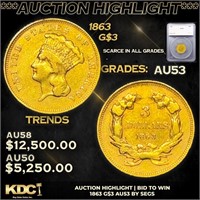 ***Auction Highlight*** 1863 Three Dollar Gold 3 G