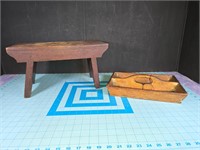 Primitive wood stool and tray