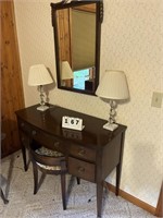Vanity with mirror, bench, lamps