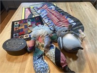 3 Small Quilts, Sewing Box, & 3 Stuffed Animals