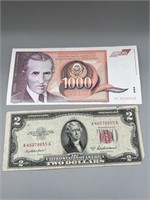 1953-A Red Seal $2 Bill, $1000 Nikola Tesla Note