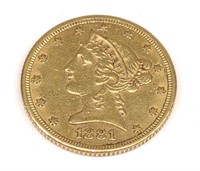 Gold 1881 Liberty Head $5 Coin