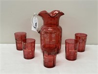 Cranberry Glass Water Pitcher and 5 Glasses